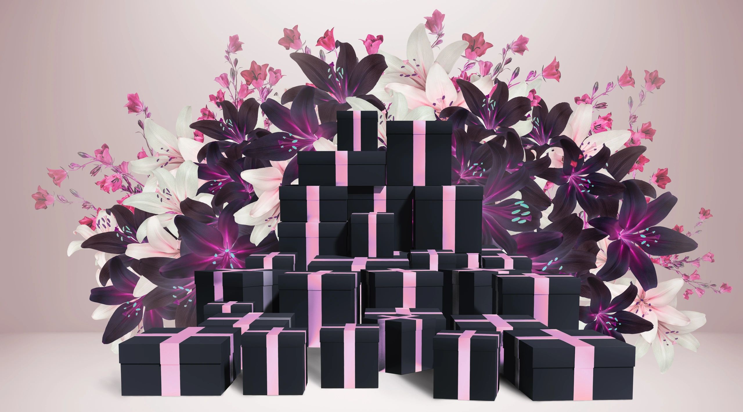 Gift boxes and flowers representing premium corporate gifting packaging