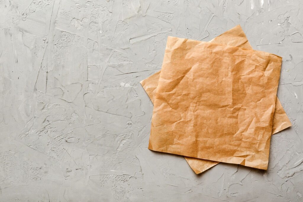 top view with baking parchment empty on table background. Folded cloth for mockup with copy space, Flat lay. Minimal style